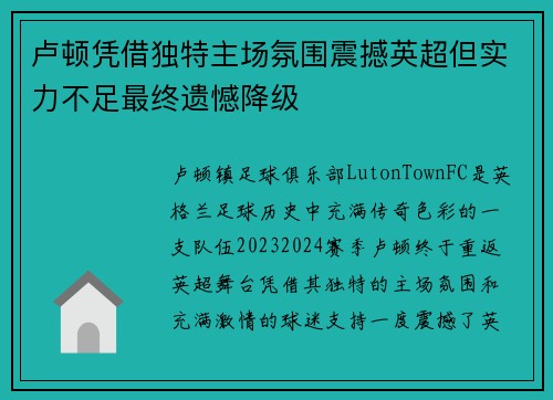 卢顿凭借独特主场氛围震撼英超但实力不足最终遗憾降级 卢顿凭借独特主场氛围震撼英超但实力不足最终遗憾降级